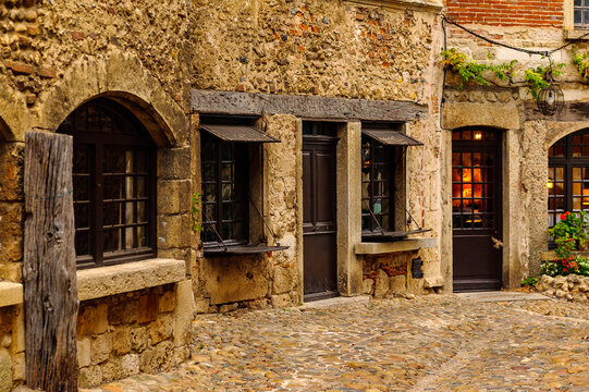 Stone house of Perouges, France, a medieval walled town, a popular touristic attraction.