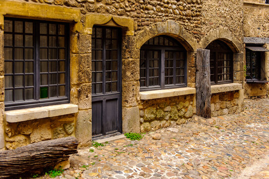 Stone house of Perouges, France, a medieval walled town, a popular touristic attraction.