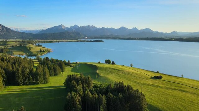 Aerial view over Lake Forggensee at the city of Fuessen in Bavaria Germany