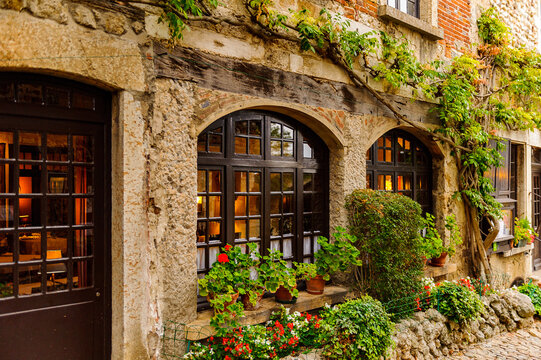Stone house of Perouges, France, a medieval walled town, a popular touristic attraction.