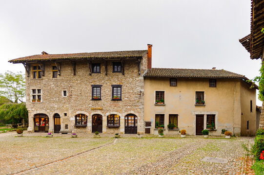Stone house of Perouges, France, a medieval walled town, a popular touristic attraction.