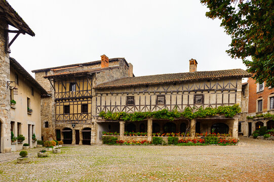 Stone house of Perouges, France, a medieval walled town, a popular touristic attraction.