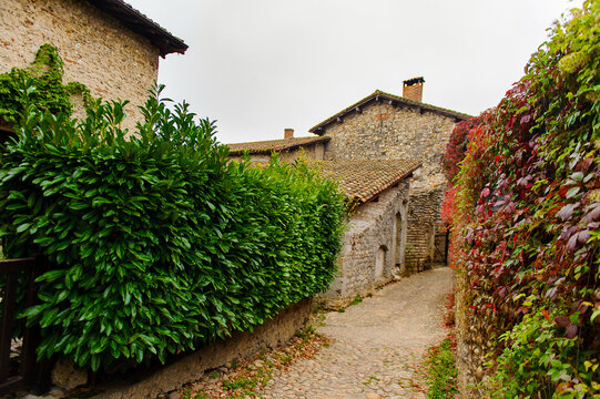 Medieval architecture of Perouges, France, a walled town, a popular touristic attraction.