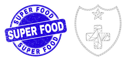 Web mesh medical shield icon and Super Food stamp. Blue vector round scratched watermark with Super Food text. Abstract frame mesh polygonal model created from medical shield icon.