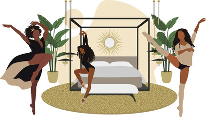 Ballerinas (Person of Color) Dancing in the Bedroom; Flat Images For Architectural, Interior and Urban Design Renderings