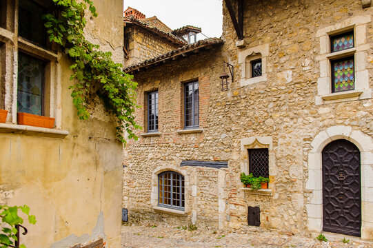 Close view of the authentic stone house of Perouges, France, a medieval walled town, a popular touristic attraction.