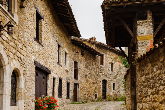 Close view of the authentic stone house of Perouges, France, a medieval walled town, a popular touristic attraction.