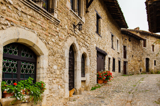 Close view of the authentic stone house of Perouges, France, a medieval walled town, a popular touristic attraction.