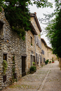 Close view of the authentic stone house of Perouges, France, a medieval walled town, a popular touristic attraction.