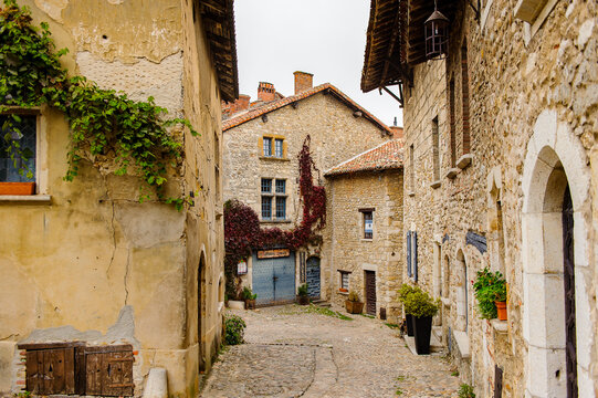 Close view of the authentic stone house of Perouges, France, a medieval walled town, a popular touristic attraction.