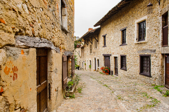 Close view of the authentic stone house of Perouges, France, a medieval walled town, a popular touristic attraction.