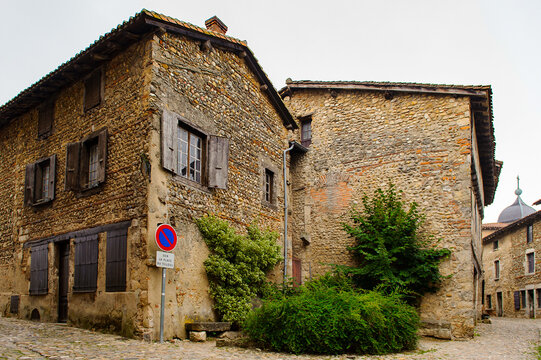 Perouges, France, a medieval walled town, a popular touristic attraction.
