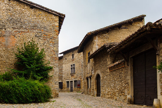 Perouges, France, a medieval walled town, a popular touristic attraction.