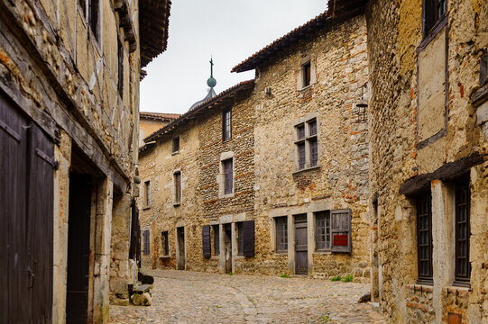 Perouges, France, a medieval walled town, a popular touristic attraction.