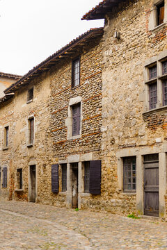 Perouges, France, a medieval walled town, a popular touristic attraction.