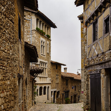 Perouges, France, a medieval walled town, a popular touristic attraction.