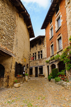 Perouges, France, a medieval walled town, a popular touristic attraction.