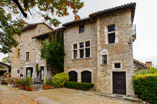 Perouges, France, a medieval walled town, a popular touristic attraction.