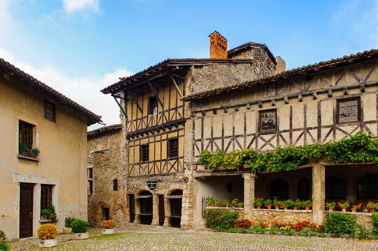 Perouges, France, a medieval walled town, a popular touristic attraction.
