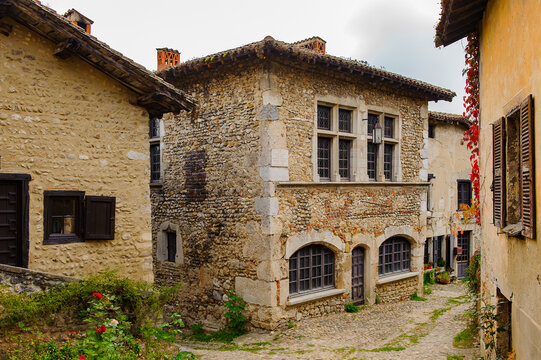 Perouges, France, a medieval walled town, a popular touristic attraction.
