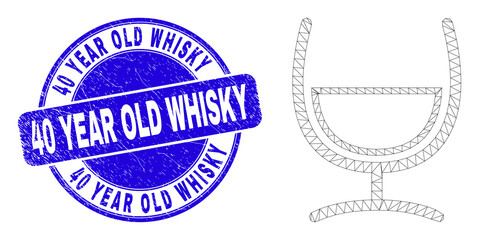 Obraz premium Web mesh mixture glass icon and 40 Year Old Whisky seal. Blue vector round grunge seal with 40 Year Old Whisky title. Abstract carcass mesh polygonal model created from mixture glass icon.