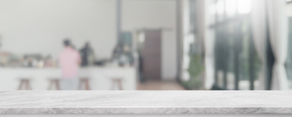 Empty white marble stone table top and blur glass window interior restaurant banner mock up abstract background - can used for display or montage your products.