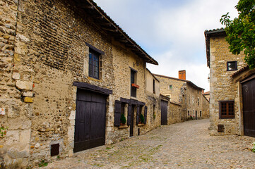 Fototapeta na wymiar Perouges, France, a medieval walled town, a popular touristic attraction.