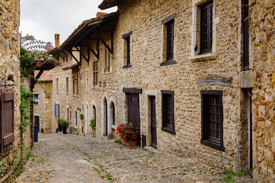 Architecture of Perouges, France, a medieval walled town, a popular touristic attraction.