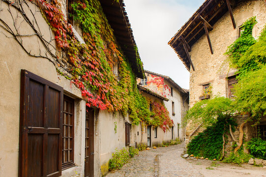 Architecture of Perouges, France, a medieval walled town, a popular touristic attraction.