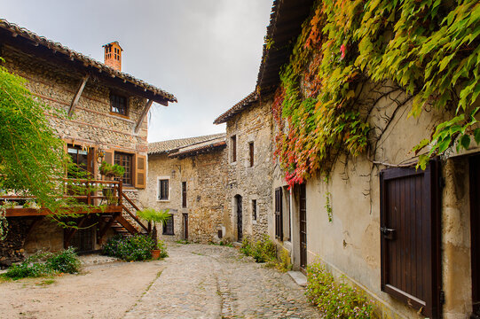 Architecture of Perouges, France, a medieval walled town, a popular touristic attraction.