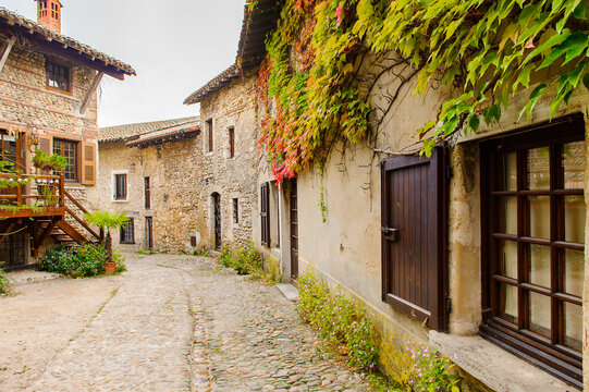 Architecture of Perouges, France, a medieval walled town, a popular touristic attraction.