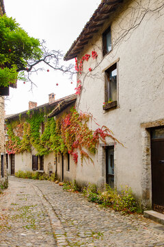 Architecture of Perouges, France, a medieval walled town, a popular touristic attraction.