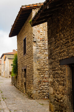 Architecture of Perouges, France, a medieval walled town, a popular touristic attraction.