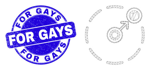 Web mesh move to circle perimeter icon and For Gays seal stamp. Blue vector rounded textured seal with For Gays caption. Abstract frame mesh polygonal model created from move to circle perimeter icon.