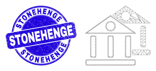 Obraz premium Web mesh museum buildings pictogram and Stonehenge stamp. Blue vector round grunge stamp with Stonehenge caption. Abstract carcass mesh polygonal model created from museum buildings pictogram.