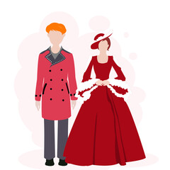 Lady and gentleman wearing red suit and red dress ,England coating vector design style concept for wedding or festival 