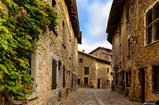 Medieval architecture of Perouges, France, a walled town, a popular touristic attraction.