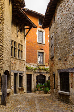Medieval architecture of Perouges, France, a walled town, a popular touristic attraction.