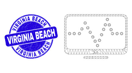 Fototapeta premium Web mesh online dotted chart pictogram and Virginia Beach seal stamp. Blue vector rounded scratched seal stamp with Virginia Beach text.