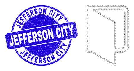 Web mesh open folder icon and Jefferson City seal stamp. Blue vector round distress seal with Jefferson City caption. Abstract frame mesh polygonal model created from open folder icon.