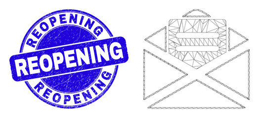 Obraz premium Web mesh open mail icon and Reopening seal stamp. Blue vector rounded distress seal with Reopening message. Abstract frame mesh polygonal model created from open mail icon.