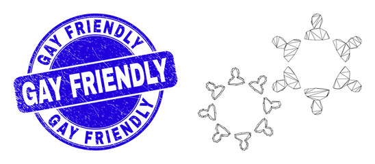 Web carcass people collaborations pictogram and Gay Friendly seal. Blue vector round scratched seal with Gay Friendly text.