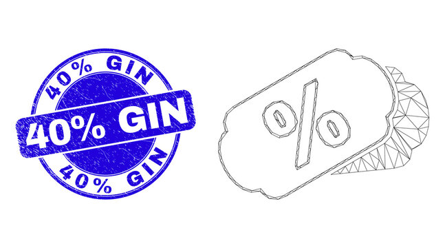 Web mesh percent tags pictogram and 40% Gin seal. Blue vector rounded grunge seal stamp with 40% Gin caption. Abstract frame mesh polygonal model created from percent tags pictogram.