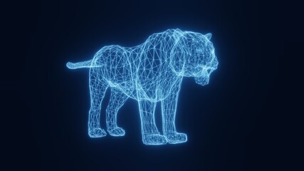 Illustration of a blue neon glowing tiger from a three-dimensional grid. 3d rendering.