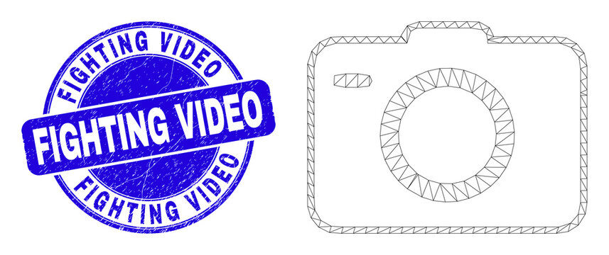 Web mesh photo camera icon and Fighting Video watermark. Blue vector round distress watermark with Fighting Video phrase. Abstract frame mesh polygonal model created from photo camera icon.