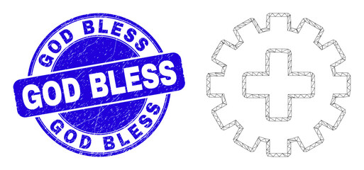 Web carcass plus gear icon and God Bless seal stamp. Blue vector rounded grunge stamp with God Bless phrase. Abstract carcass mesh polygonal model created from plus gear icon.