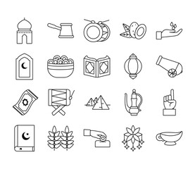 Eid mubarak line style icon set vector design