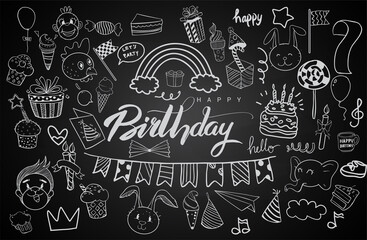 Happy Birthday background. Hand-drawn Birthday sets, party blowouts, party hats, gift boxes and bows. vector illustration chalk texture isolated on black background