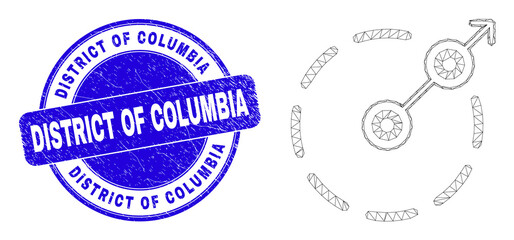 Obraz premium Web carcass radial escape border icon and District of Columbia watermark. Blue vector round distress watermark with District of Columbia phrase.