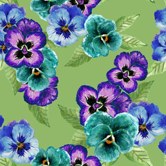 Fototapeta na wymiar Watercolor gouache pansy floral hand drawn botanical blossom illustration seamless pattern